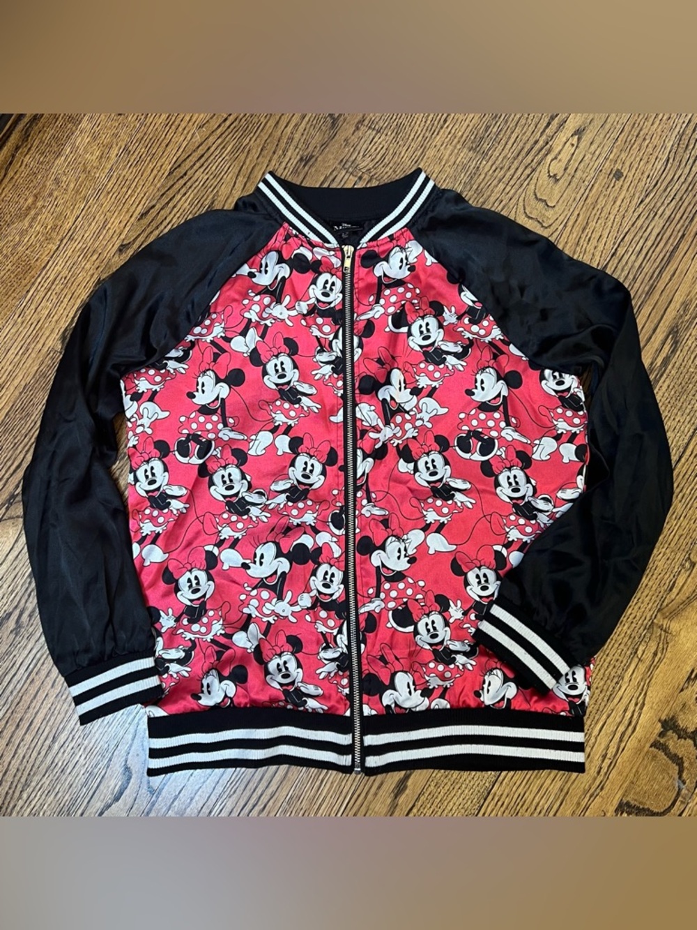 Disney Minnie Mouse Full Zip Jacket Girls Kids Size 16 (XL) Satin Bomber Style
